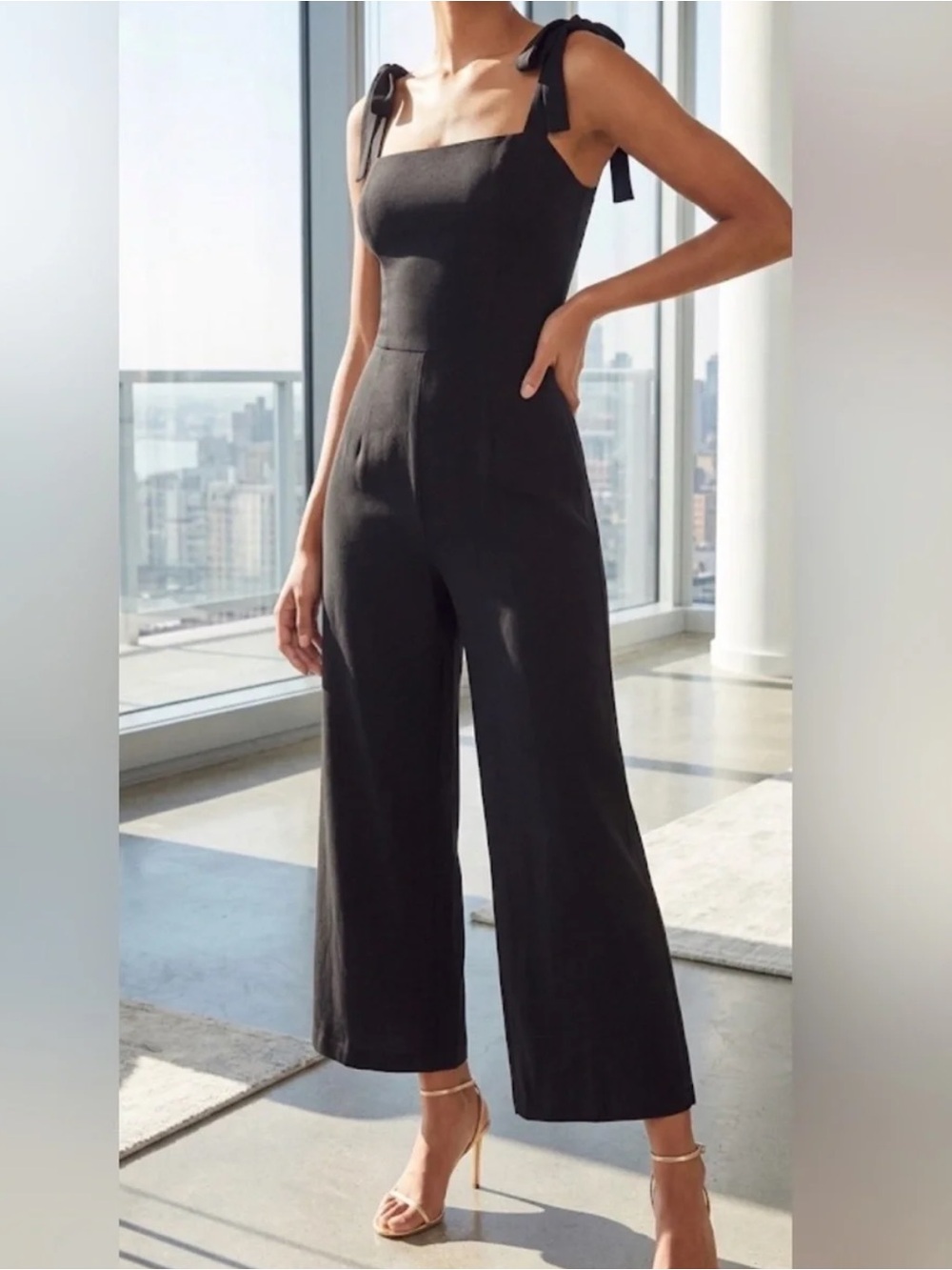 Reformation Fay Tie Straps Black Jumpsuit Wide Leg Cropped Square Neckline 2 XS